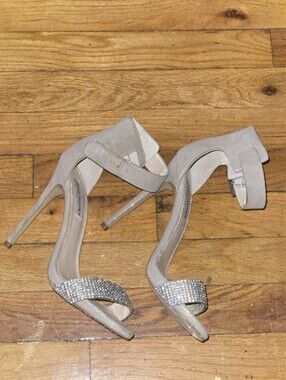 Steve Madden Beige Rhinestone Ankle-Strap Stiletto Sandals